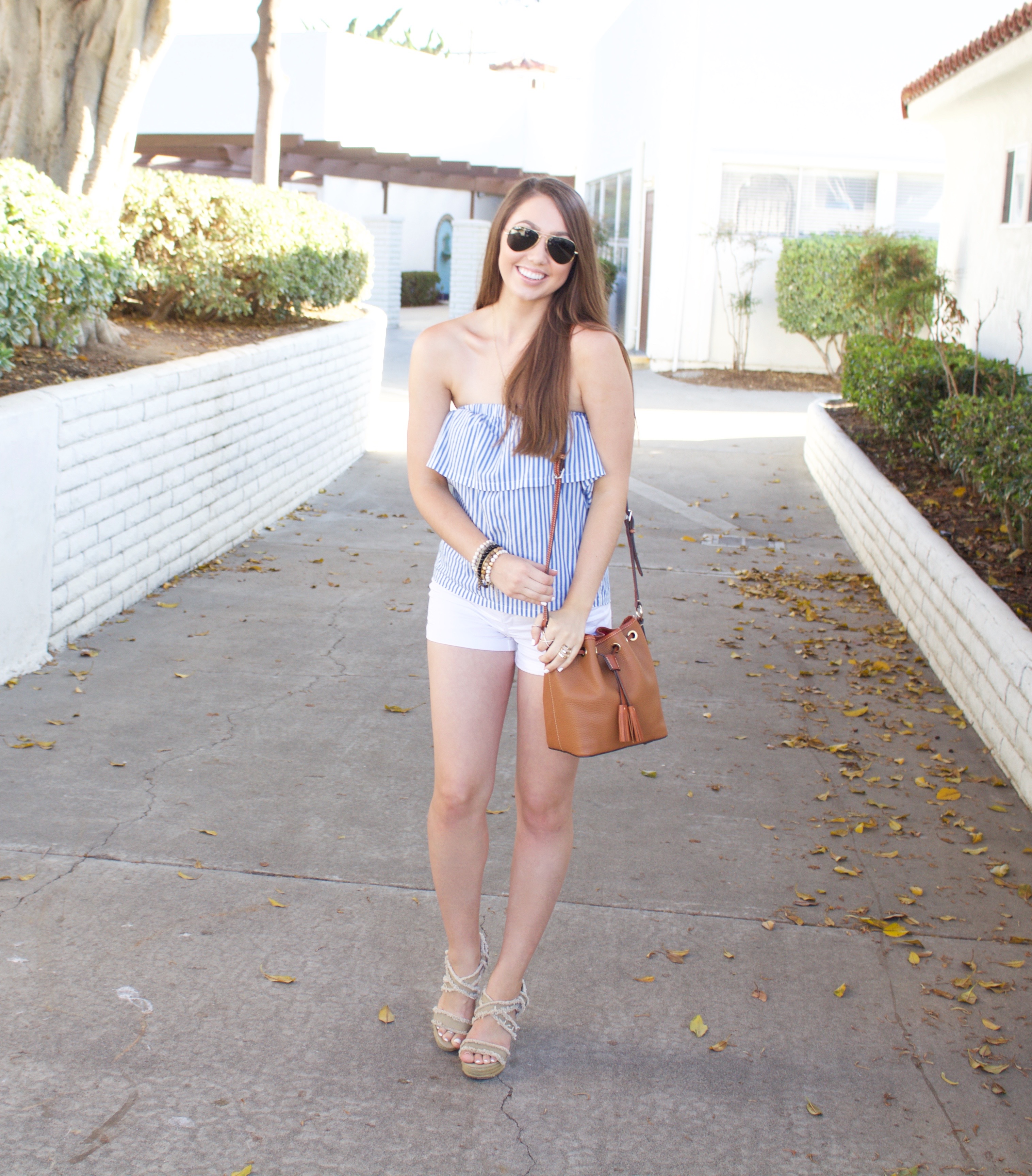 espadrille wedges - Blue and White Striped Strapless Top - My Styled Life