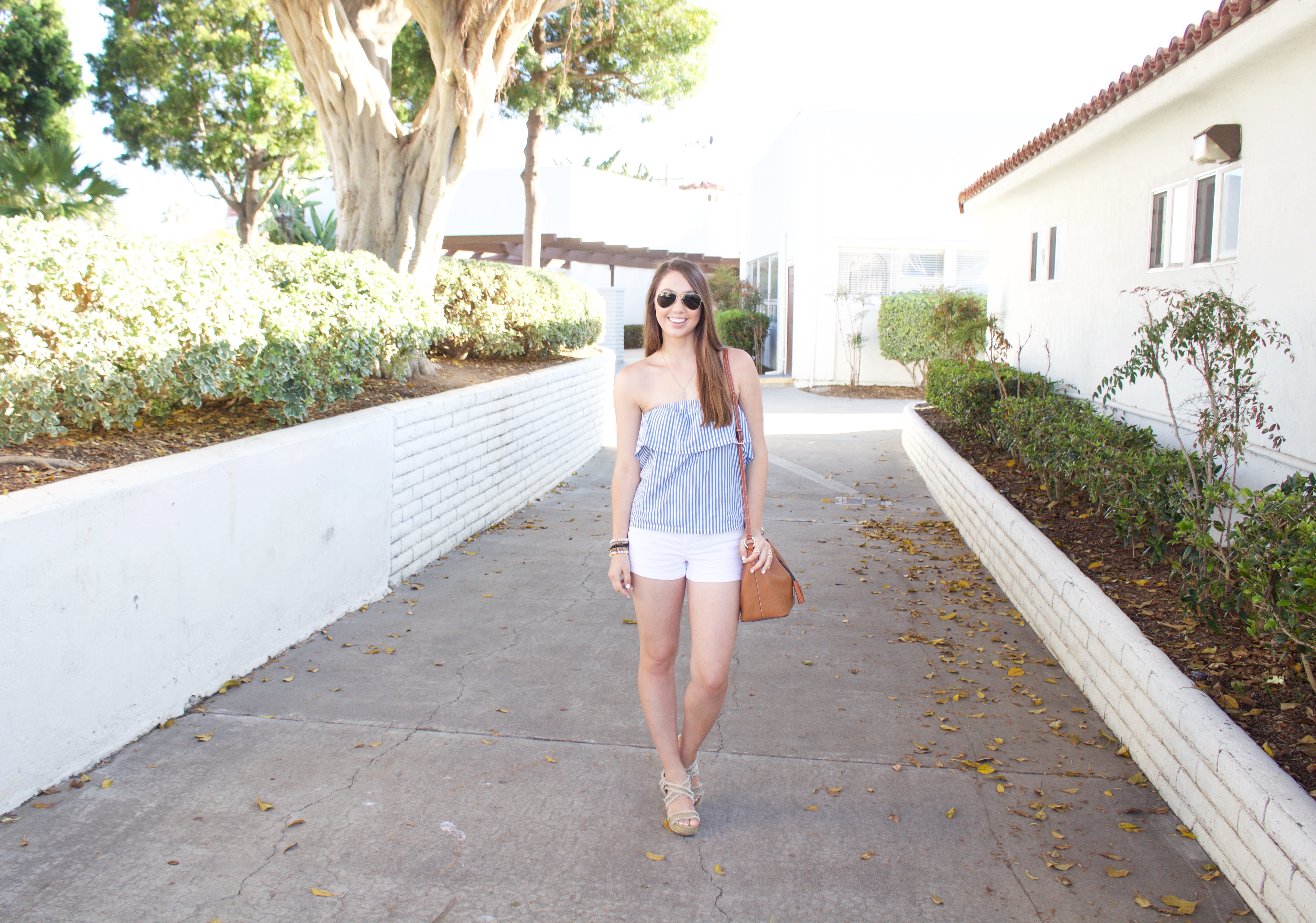 summer outfit - Blue and White Striped Strapless Top - My Styled Life