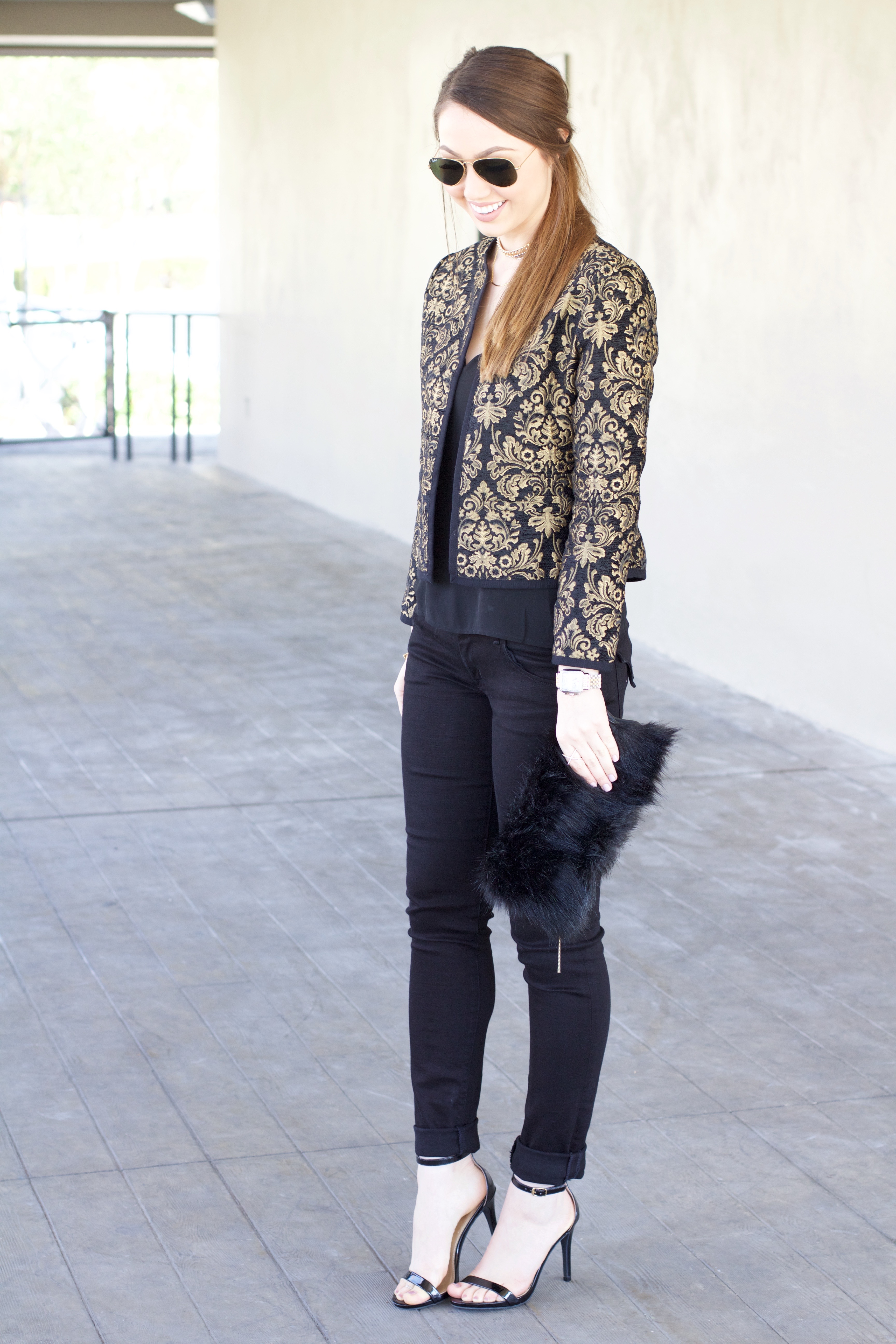 gold and black jacquard coat