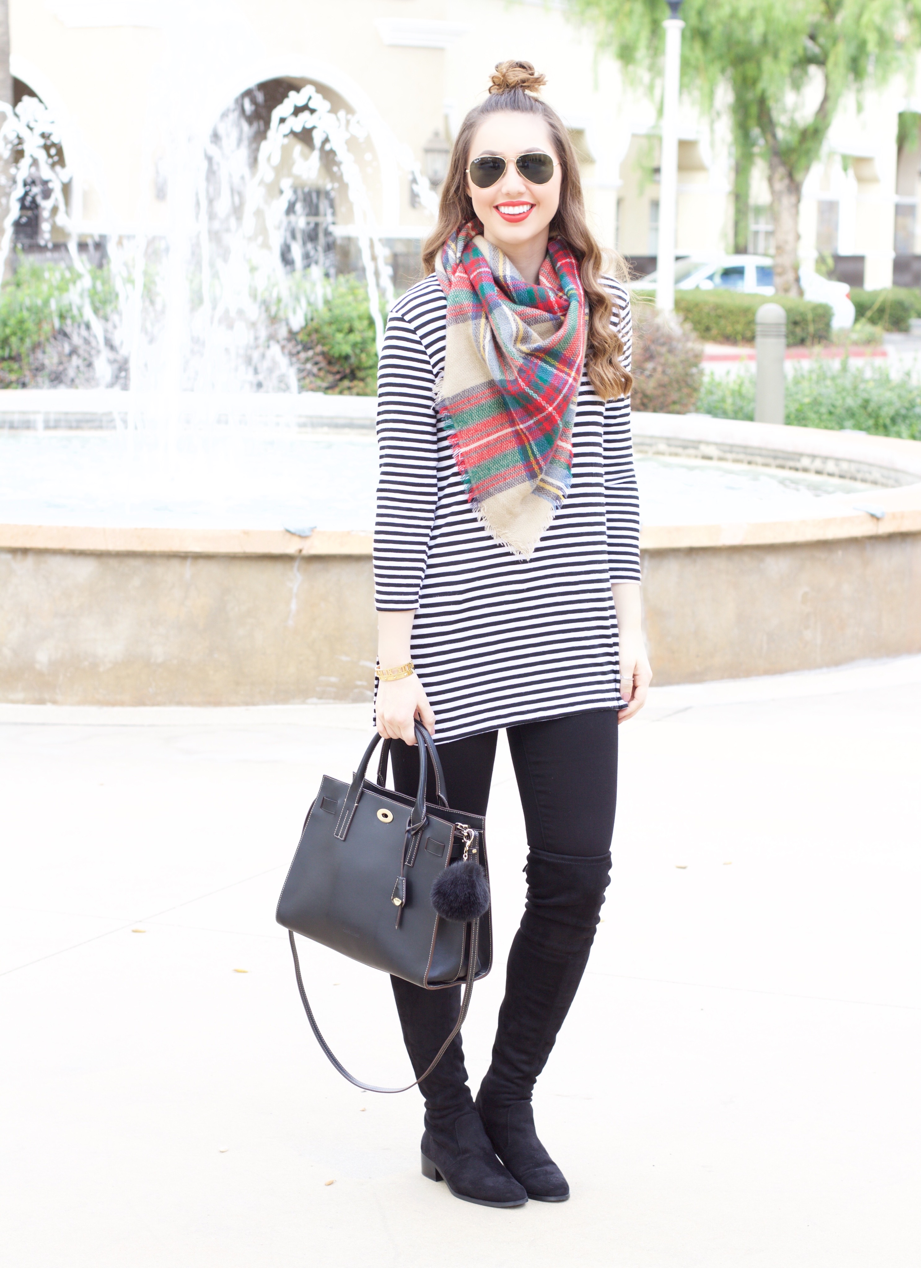 casual holiday outfit with plaid scarf