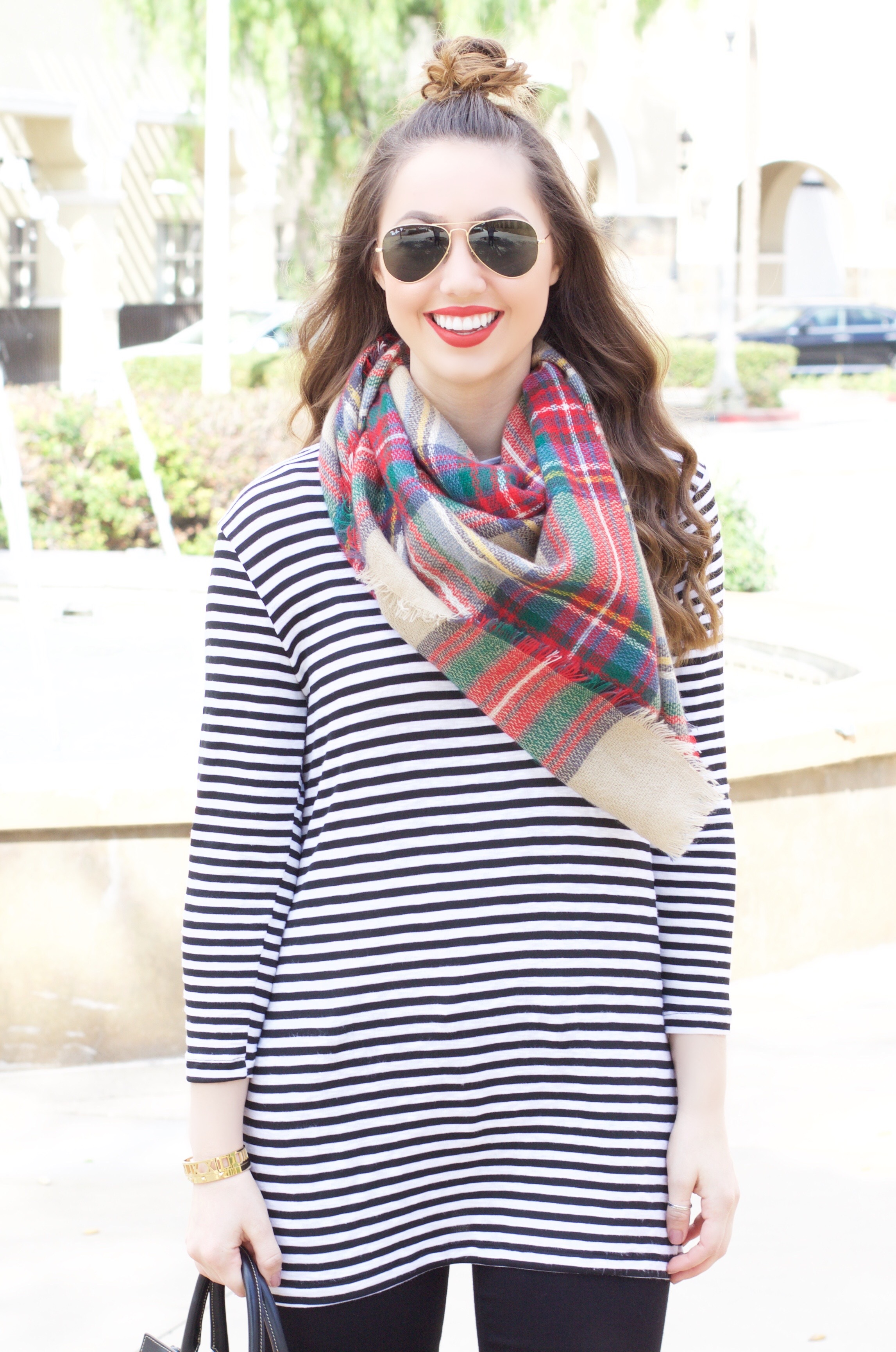 red, green and tan plaid tartan scarf 