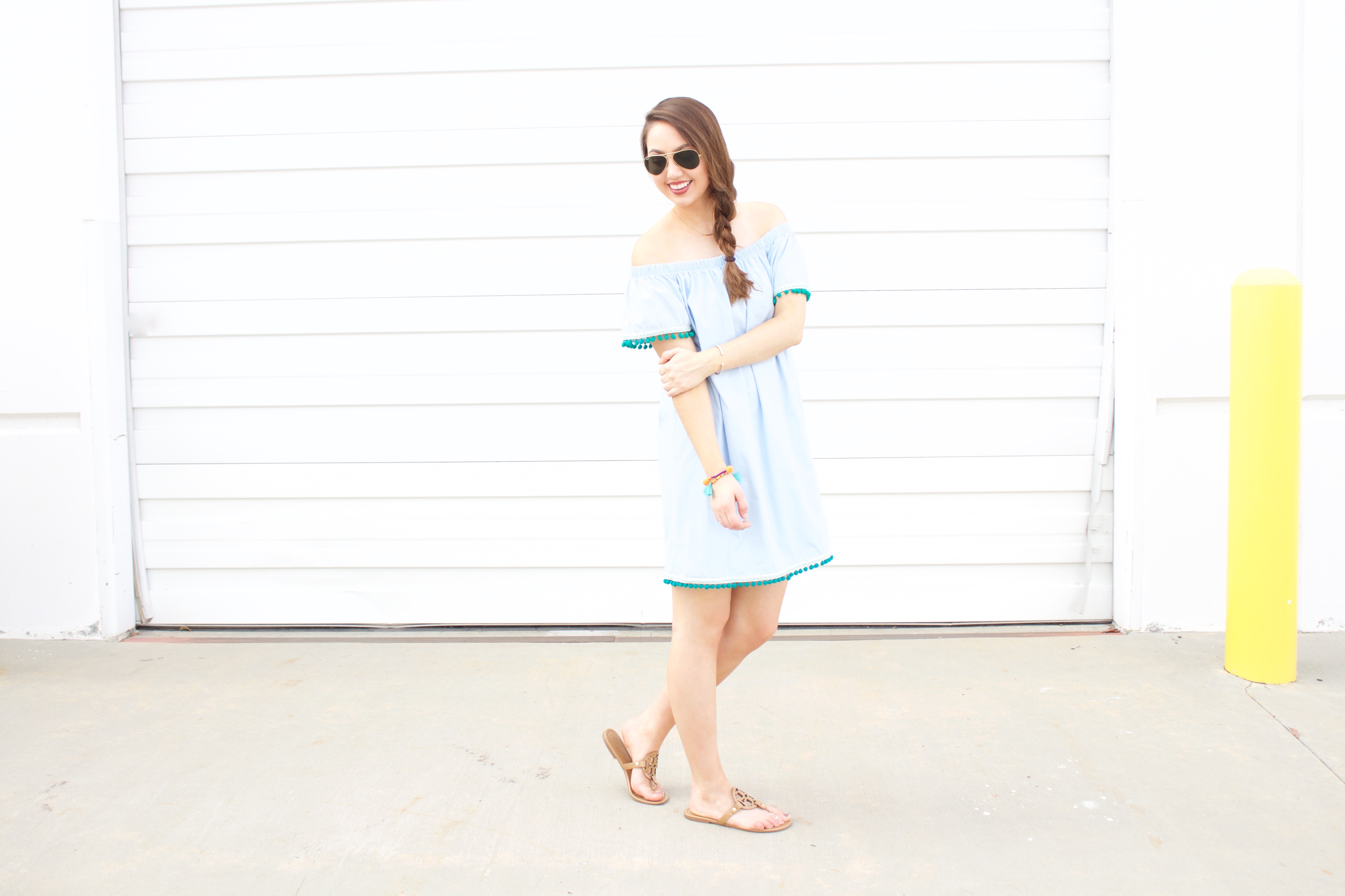 blue off the shoulder pom pom dress