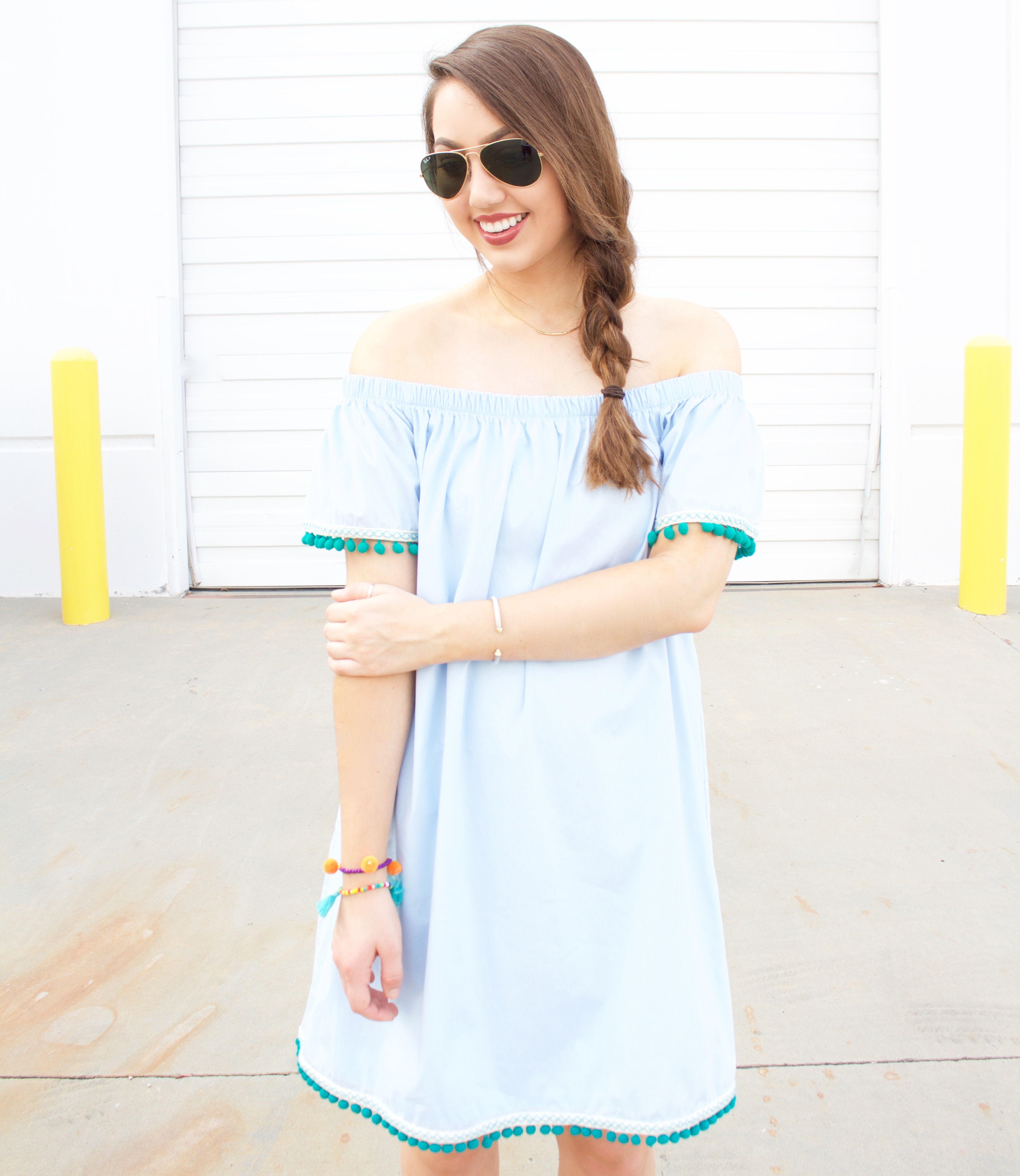 off the shoulder light blue dress