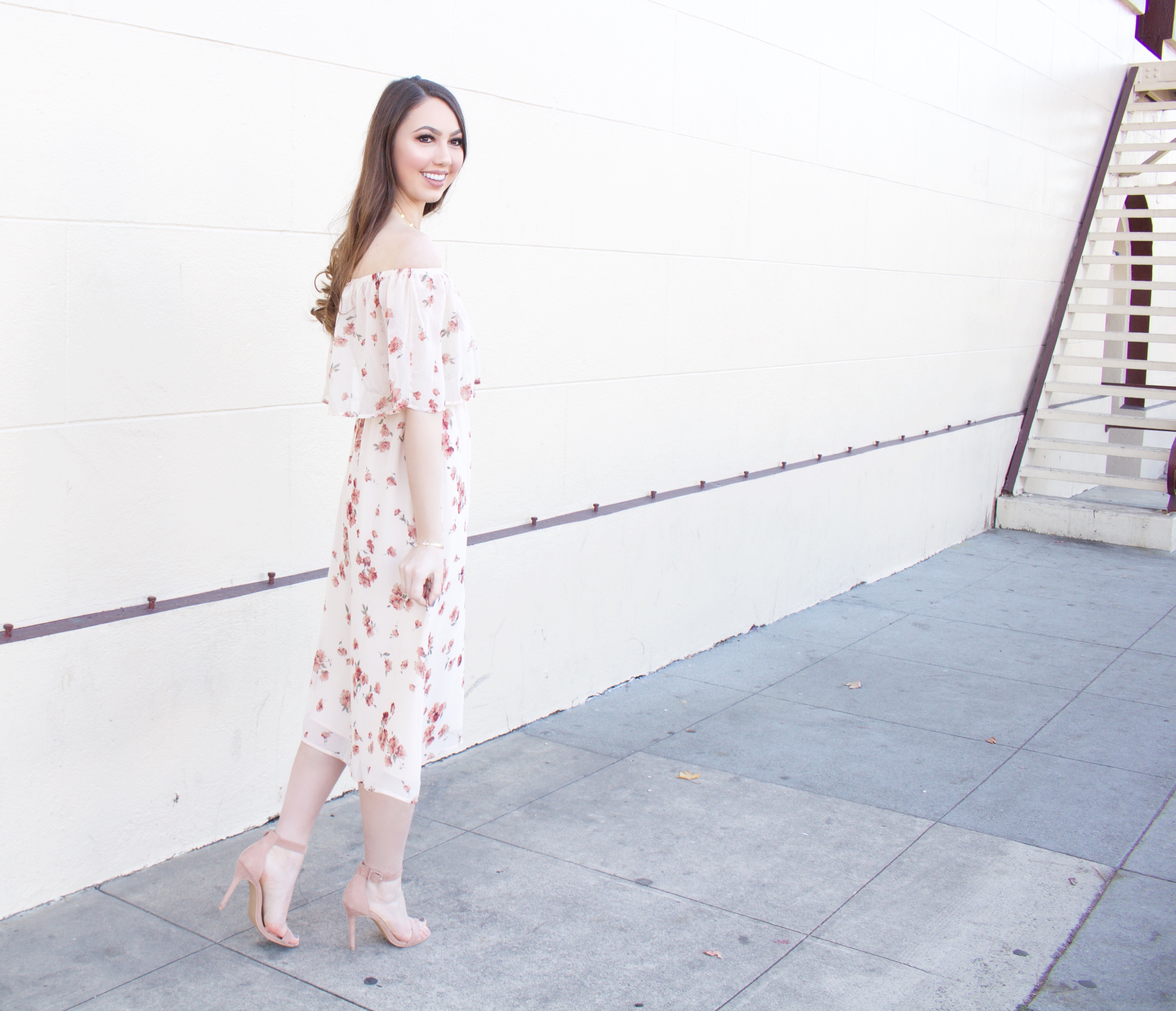 off the shoulder floral pink dress