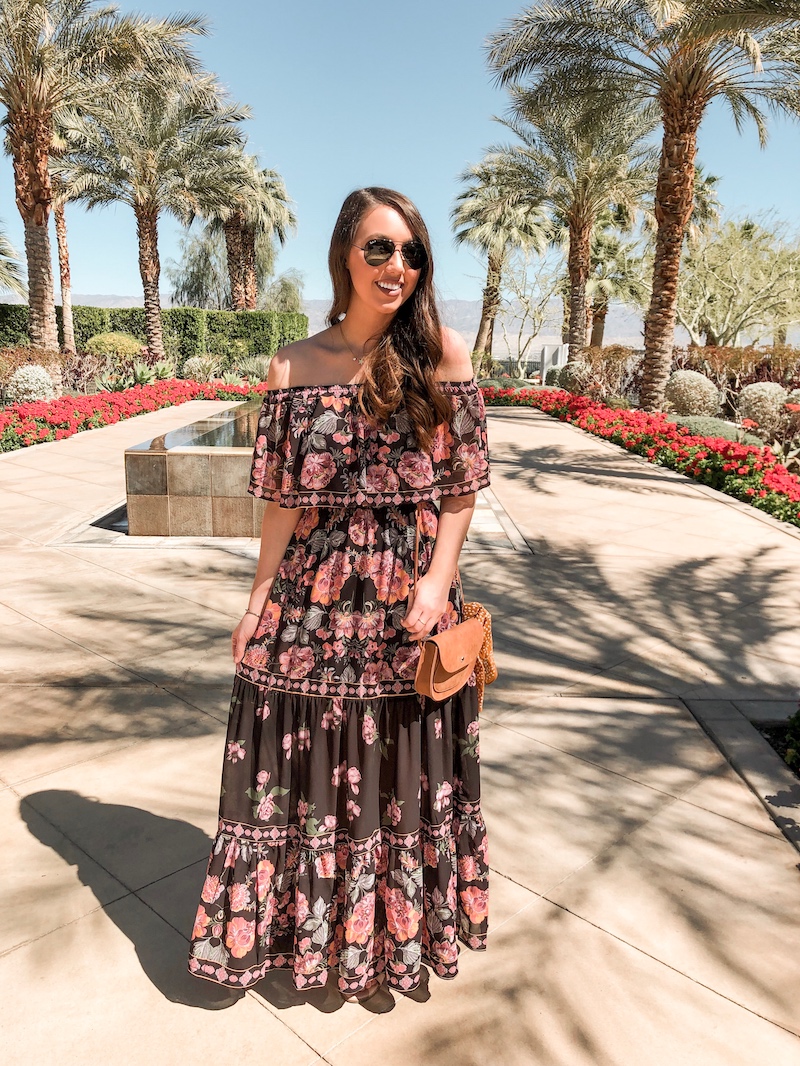 off the shoulder black floral maxi dress