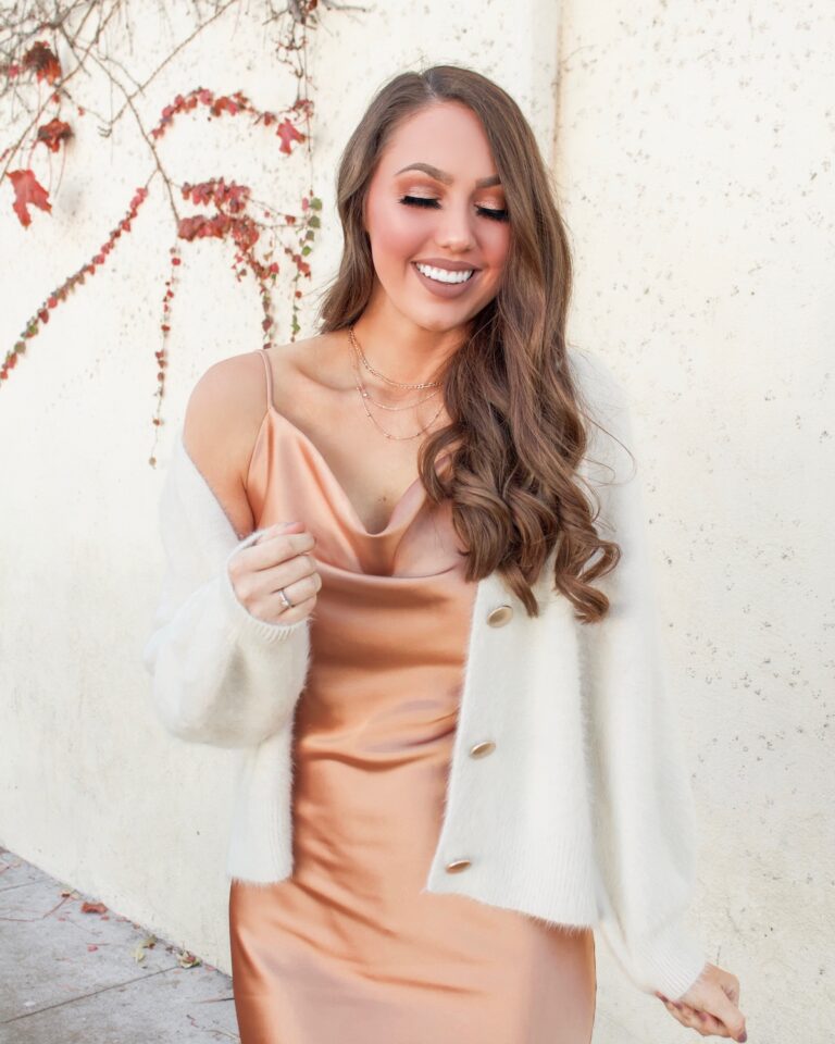 Holiday Party Outfit Cowl Neck Satin Midi Dress