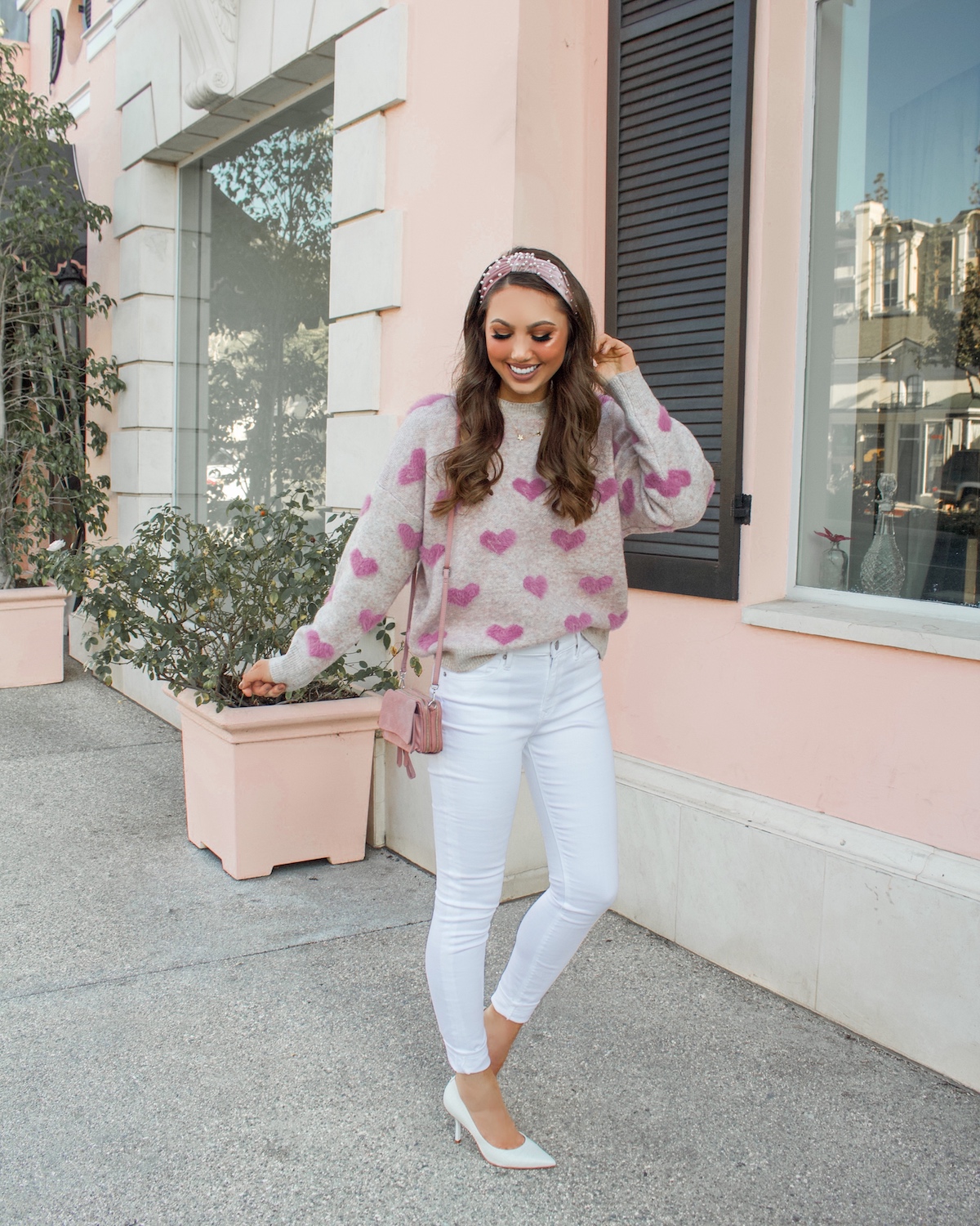 Fuzzy Hearts Knit Sweater in Pink