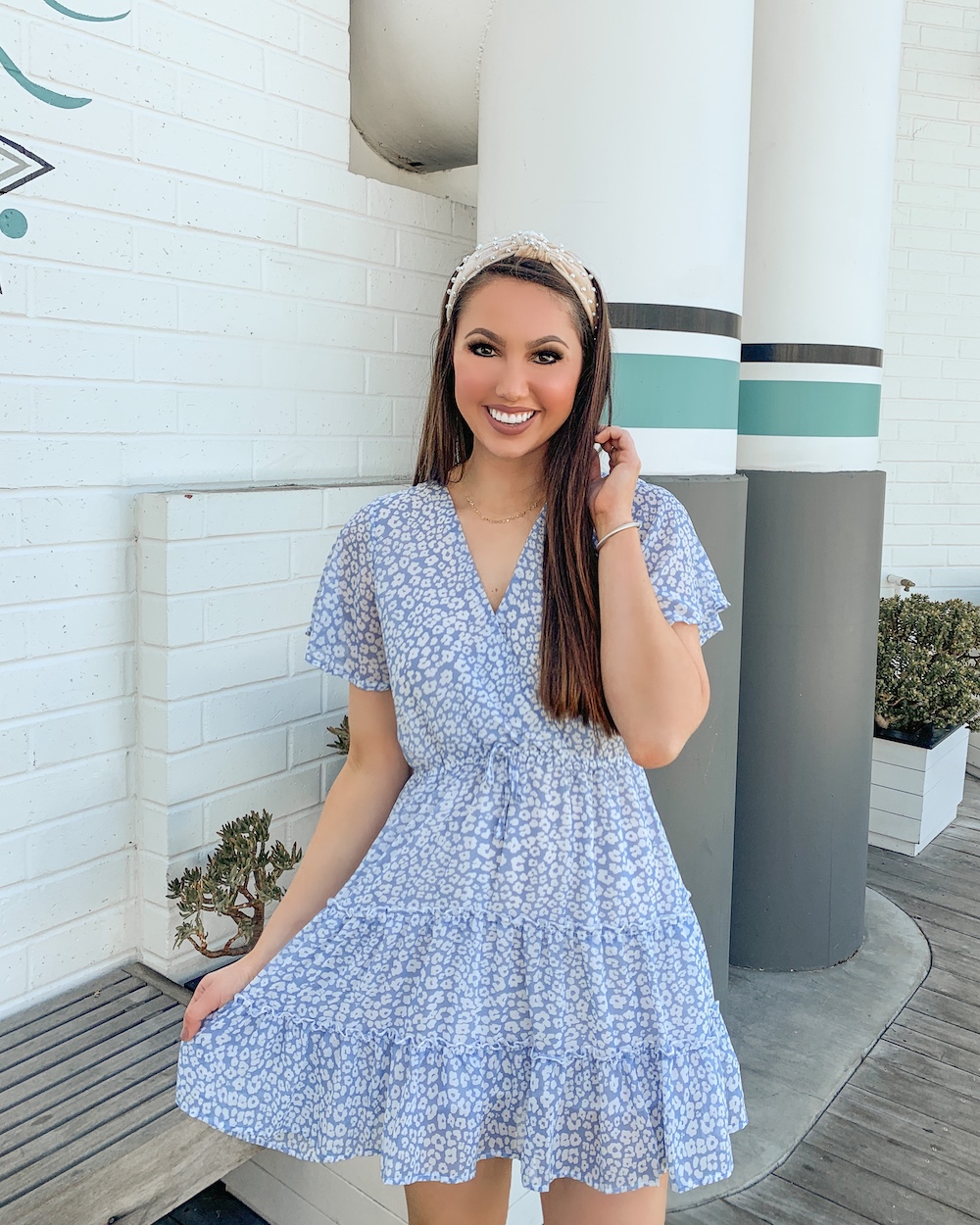 blue floral chiffon dress short